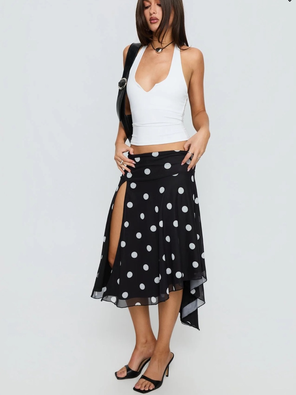 Princess Polly Dulciana High Split Asymmetrical Midi Skirt — Black Polka Dot, Si